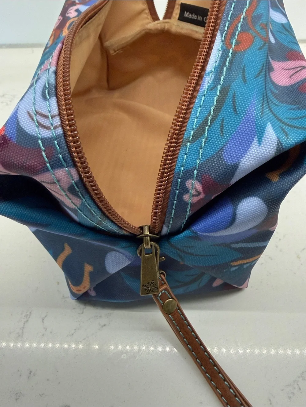 Catchfly Studio Floral Teal Wristlet Cosmetic Pouch with removable strap
